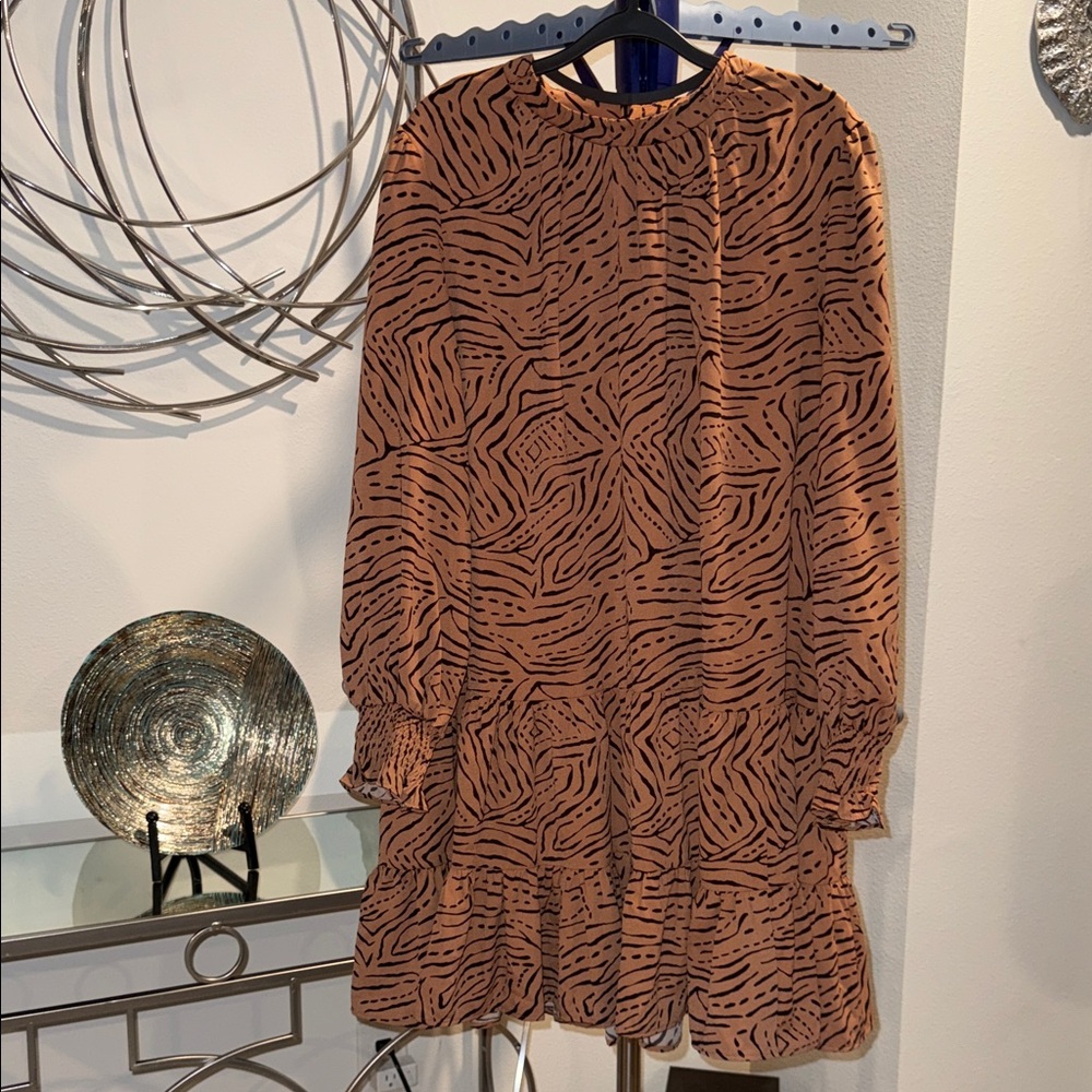 Nine West Brown Abstract Long Sleeve Dress